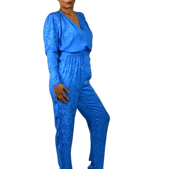 Nora Noh Silk Jumpsuit Blue Vintage Silky Shoulder Pads Tapered Jacquard Small - Picture 6 of 15